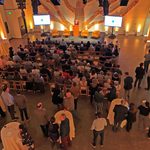 Overhead view of a room full of people