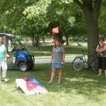 Staff playing a game of bags.