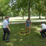 An intense game of spike ball.