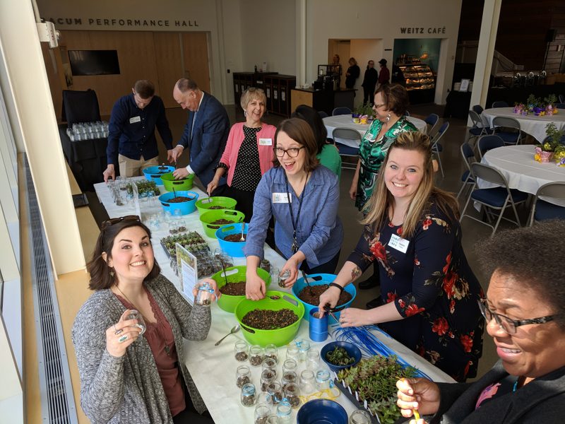 Staff are excited to build their succulent plant!